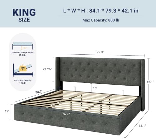 Allewie King Size Lift Up Storage Button-Tufted Bed Frame Dark Grey