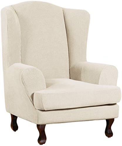 Turquoize Wingback Chair Covers 2 Piece Wing Chair Slipcover Stretch Slipcovers for Wingback Chairs Wing Chair Cover Spandex Jacquard Fabric with Elastic Bottom Non-Slip Furniture Cover,Biscotti Beige