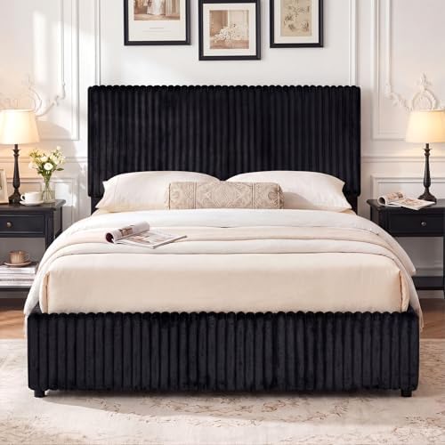 GIANTEX Queen Size Lift Up Storage Bed, Modern Corduroy Upholstered Platform w/Wingback Headboard, Hydraulic Support, Queen Bed Frame with Storage, No Box Spring Needed (Black)