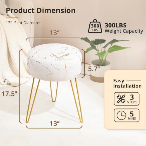 LUE BONA Vanity Stool, Gold Vanity Stools for Makeup Room, Round Ottoman Foot Stool, Velvet Footrest Vanity Chair for Bathroom Vanity, Bedroom, Living Room, Entryway, Offices, 300lbs