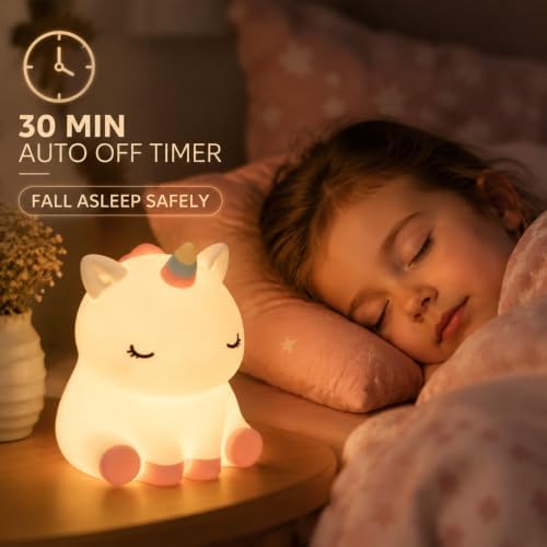 Rytinazzz Unicorn Night Light for Kids, Rechargeable Silicone Unicorn Lamp with Tap Control, 30-Min Auto-Off Timer, Soft Dimmable Nursery Bedside Light, Gifts for Girls