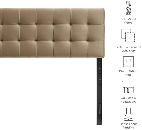 Modway Lily Performance Velvet Queen Size Headboard with Biscuit Tufting in Taupe - Stain-Resistant Upholstery with Padded Design and 5 Height-Adjustable Mounts