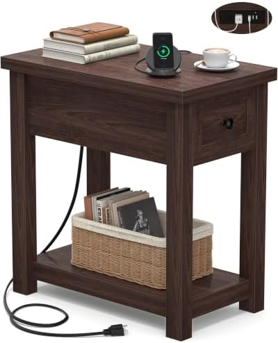 Farmhouse Narrow End Table with Charging Station for Couch, 13.8" Wide