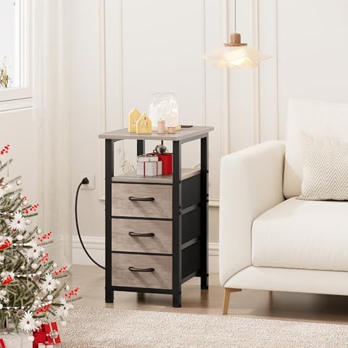 Vagusicc Night Stand with Charging Station, Narrow Nightstand with U-S-B Ports and Outlets, End Table with 3 Fabric Storage Drawers, Small Bedside Table, Greige