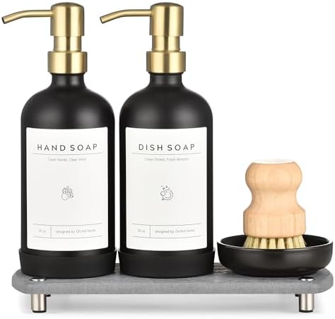 [Luxury] Kitchen Soap Dispenser Set - 16OZ Black Glass Bottle, Stainless Steel Pump, Instant Dry Tray, Waterproof Labels, Non-Slip Silicone Pad, and Dish Brush | Upgrade for Your Kitchen and Bathroom