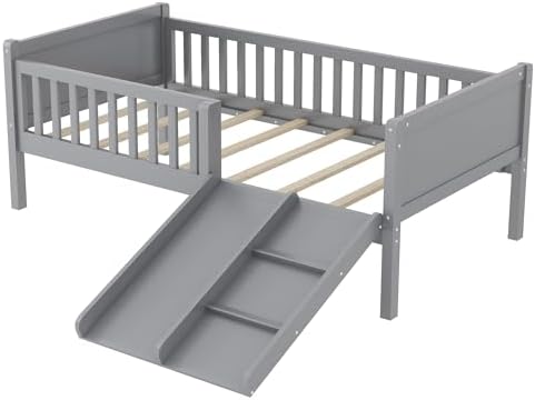 SOFTSEA Twin Size Low Loft Bed with Slide, Wood Loft Bed Frame with Storage Shelves and Guardrails for Kids, Gray