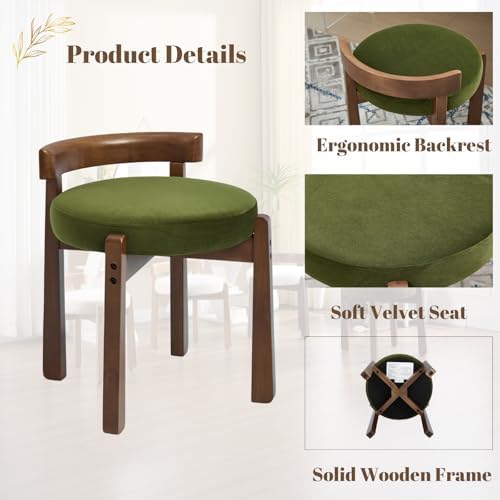 Ya-Home Modern Vanity Chair Upholstered Small Ottoman Footstool, Make Up Stool Velvet Fabric with Backrest Wooden Frame for Living Room Bedrooms, 2PCS, Green