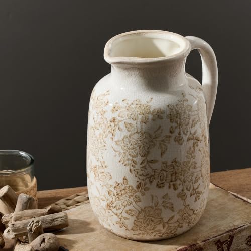 Ceramic Vintage Vase Flower Decorative Vase Chinoiserie Decor Rustic Farmhouse Retro Floral Vases for Table Bookshelf Mantel Kitchen Living Room Office - 9.5" Brown