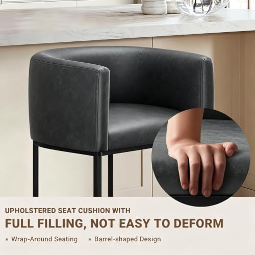 26" H Counter Height Bar Stools Set of 2, Modern Barrel Counter Stools with Backrest and Arms, Faux Leather Upholstered Accent Barstools for Kitchen Island,Support 450 LBS (Black)