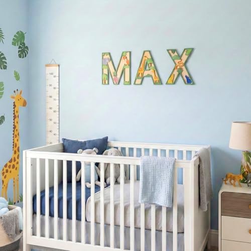 3D Layered Safari Nursery Wooden Letters for Wall Decor, 11.8" Green Large Baby Name Sign for Nursery, Animal Wood Alphabet Letter H Kids Room Initials for Front Door Shelf Home Decorations