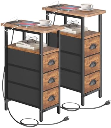 shtmec Narrow End Table Set of 2 with Charging Station, Side Tables Set 2 with Fabric Drawers, Small Bedside Tables Nightstands for Small Space, Slim Sofa Couch Table for Livingroom, Rustic Brown