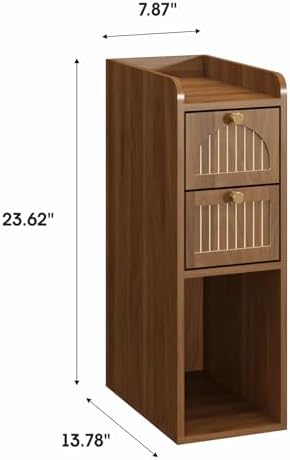 7.87" Narrow Nightstand Set of 2, Fluted Slim Bedside Table with 2 Drawers, Mid Century Modern Small End Table with Gold Metal Handles, for Bedroom, Living Room & Small Spaces - Walnut