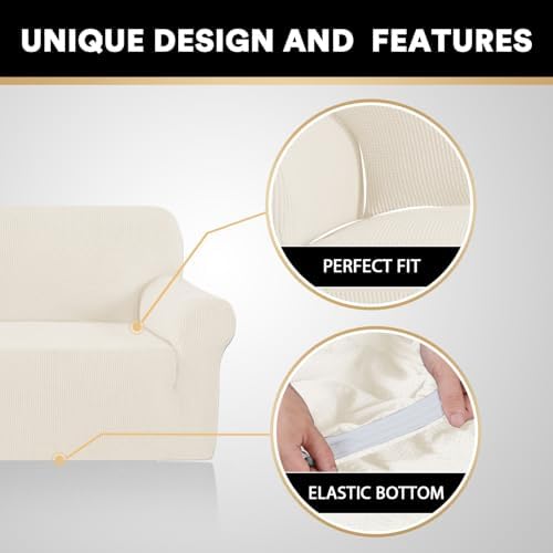 PrinceDeco Stretch Armchair Covers for Chairs Slipcovers for Living Room Couch Covers for Chair Protectors Cover for Dogs/Pets/Kids, Feature Checks Pattern Jacquard Bouncy, Thick and Soft, Cream