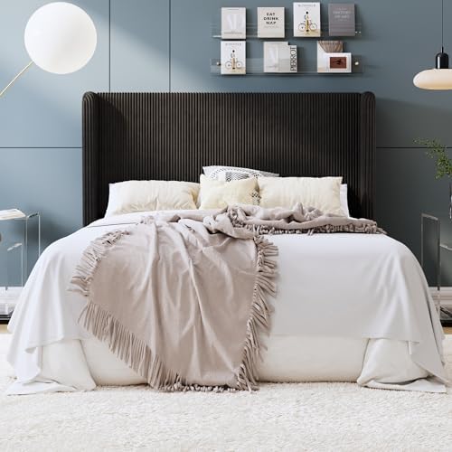 SHA CERLIN Queen Corduroy Platform Bed with Tufted Wingback Headboard/Black