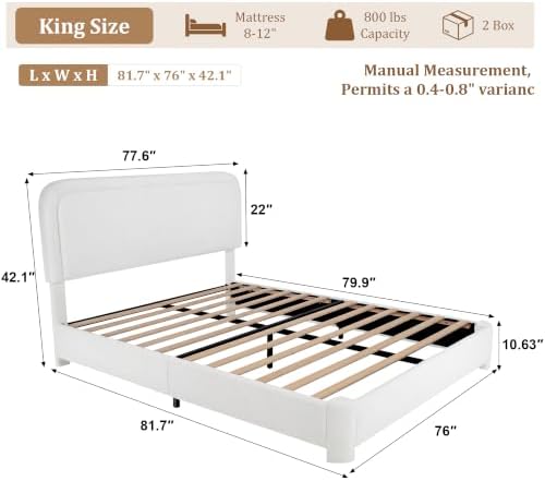 Vipbear Boucle King Size Bed Frame with Adjustable Headboard, Upholstered Cloud Platform Bed Frame with Wood Slats, Noise-Free King Bed, No Box Spring Required, Easy Assembly, White
