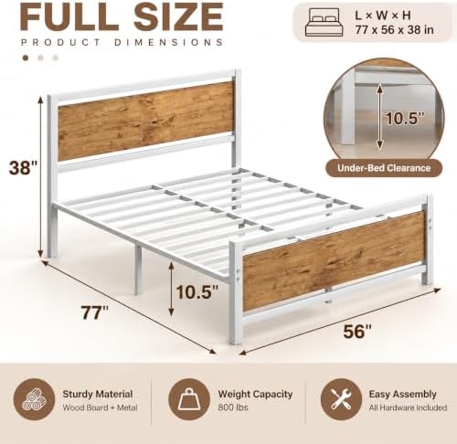 Full Metal Bed Frame with Industrial Headboard, White Brown