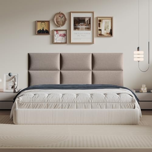 6-Piece Khaki Linen Upholstered Headboard Twin Size Wall Mounted, Neutral Fabric Headboard with Padded Panels, Space Saver for Small Bedrooms & Dorms