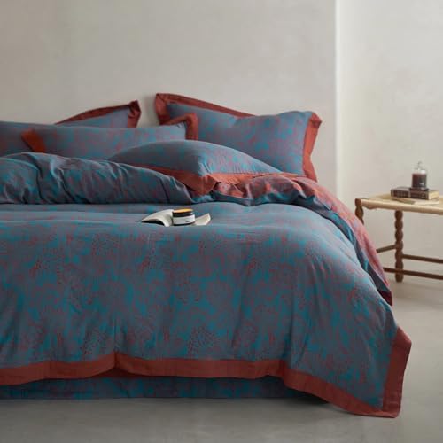 Blue Red Duvet Cover Queen,3 Pieces Retro Jacquard Forest Theme Tree Leaves Bedding Set,Linen Cotton Yarn-Dyed Textured Duvet Cover with Zipper Closure