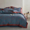 Blue Red Duvet Cover Queen,3 Pieces Retro Jacquard Forest Theme Tree Leaves Bedding Set,Linen Cotton Yarn-Dyed Textured Duvet Cover with Zipper Closure