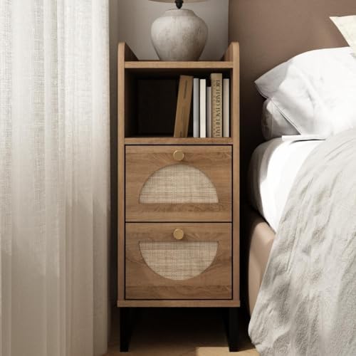 Narrow Nightstand for Small Spaces - 9.3" Slim Side Table with Rattan-Weave Drawers, Skinny Bedside Table with Open Shelf, Rustic Tall Thin Gap Filler for Bedroom & Sofa Side, Caramel Oak