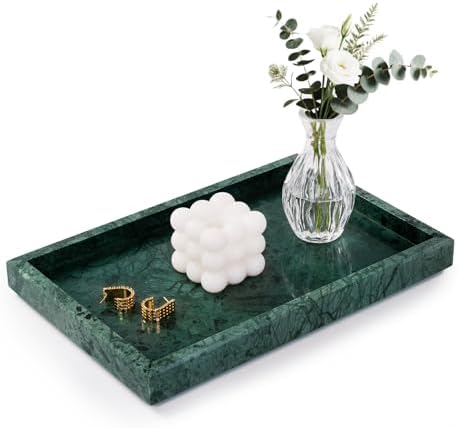 Marble Bathroom Tray for Countertop & Home Decor, Natural Decorative Marble Tray for Jewelry & Perfume Organizer, Luxury Stone Vanity Trays for Dresser, Kitchen Counter, 12" x 8", Green