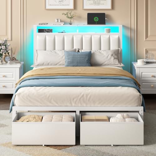 Furnulem White Full Size Bed Frame with PU Upholstered Headboard, 2 Drawers