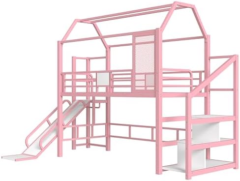 Bellemave Twin Size Metal House Loft Bed with Slide and Stairs,Heavy Duty Playhouse Loft Bed Frame with Storage Shelves for Kids,Teens,Adults,Pink