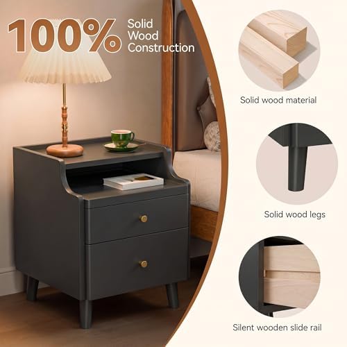 Nightstand with Drawers, Pre-Assembled, 19.7" H Natural Solid Wood Night Stand with Open Sliding Shelf, Mid Century Modern Small Bedside Table Cabinet for Bedroom, Black 16"