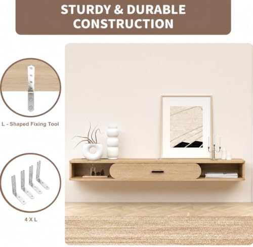 GHC Floating TV Stand, 65'' Wall Mounted TV Cabinet, Floating Shelves with Door, Media Console for DVD Player, Space-Saving Under TV Shelf for Bedroom & Living Room (Oak)