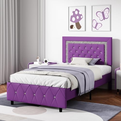 Twin Bed Frame,Faux Leather Upholstered Bed with Diamond Headboard