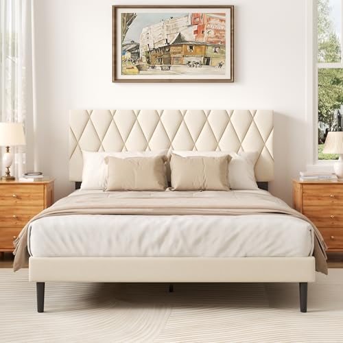 CXVX Queen Size Bed Frame with Diamond Tufted Headboard, Velvet Upholstered Platform Bed and Wooden Slat Support, Noise-Free, No Box Spring Needed, Easy Assembly, Beige