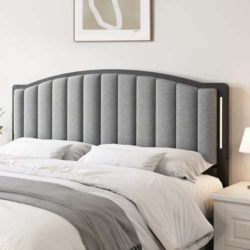 Upholstered Tufting Headboard for Queen Size Bed with Lights, Grey