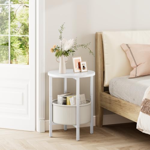 Vagusicc Small Round Side Table, Accent End Table with Fabric Basket, Drink Table Coffee Table for Small Spaces, Sofa Corner Table,Bedside Table,Modern Nightstand for Living Room, Bedroom, White