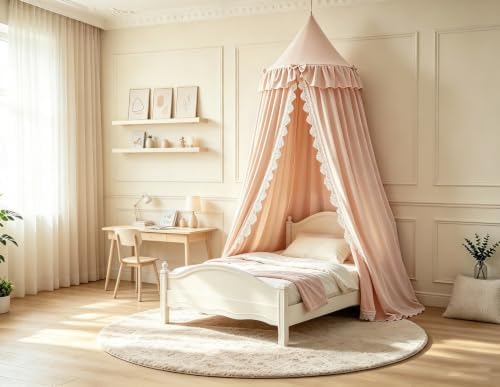 Kertnic Lace & Bow Decor Princess Canopy for Girls Bed, Soft Ruffled Playing Tent Canopy Room Decoration Castle, Reading Nook Canopies in Home (Pink)