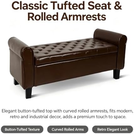 51 Inch Brown Faux Leather Storage Ottoman Bench with Rolled Armrests