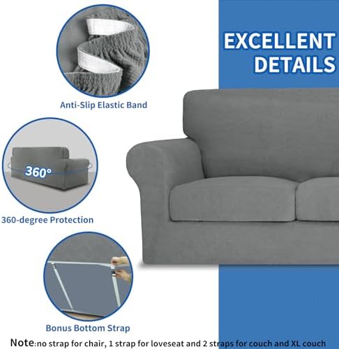 MAXIJIN 3 Piece Couch Covers for 2 Cushion Couch Sofa Cover, Stretch Loveseat Sofa Slipcovers for Sofas with 2 Large Cushions, Thick Dogs Pet Furniture Covers (71"-91", Light Gray)