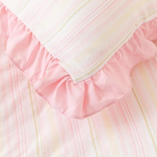 Cute Rainbow Stripes Bowknot Duvet Cover Pink Ruffle Princess Chic Bow Printed Textured Seersucker Comforter Cover Set for Girls Kids Teens Queen 3Pcs