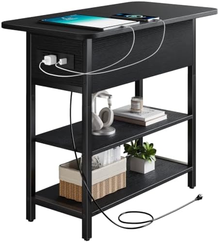 Yoobure End Table with Charging Station, Flip Top Side Table with USB Ports and Outlets, Sofa Couch Table Bedside Table for Living Room Bedroom, Narrow Nightstand with Storage Shelves for Small Space