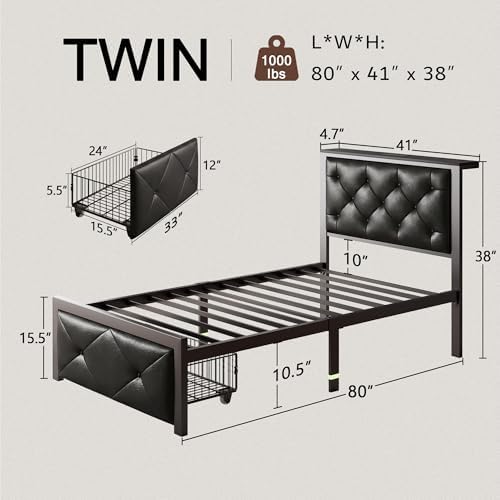 Einhomn Twin Bed Frame with Storage Drawer, Metal Platform Bed with Charging Station, Upholstered Faux Leather Button Tufted Storage Headboard, No Box Spring Needed, Noise-Free, Easy Assembly, Black