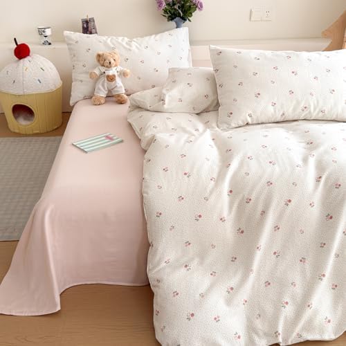 AOJIM Delicate Cherry Duvet Cover Set Twin Size Floral Print Bedding Set 3 Pieces (1 Comforter Cover + 2 Pillowcases), Soft Breathable 100% Cotton Double Gauze Bedding Duvet Cover for Kids & Adults