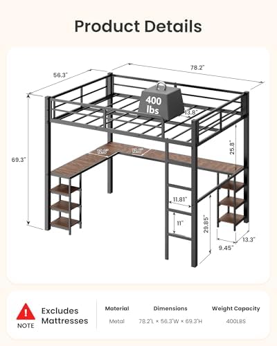 Full Loft Bed with Desk & Shelves for Teens/Adults, Guardrails, Ladder