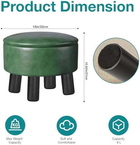 Small Foot Stool Ottoman with Storage, Faux Leather Ottoman Foot Rest for Couch, Round Footstool Ottomans for Living Room (Green)