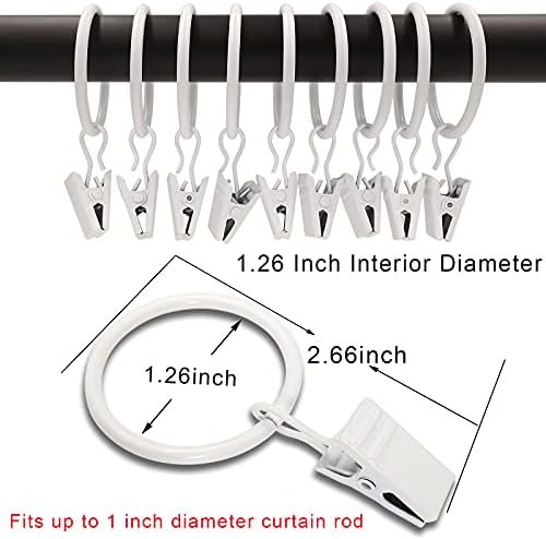 90 Pack Metal Curtain Rings with Clips, 1.26 in ID, White