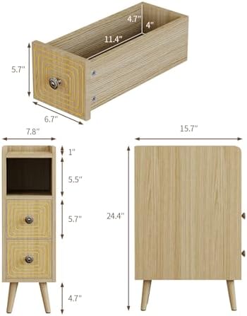 7.8" Narrow Nightstand Set of 2 with 2 Drawers & Open Storage,Oak