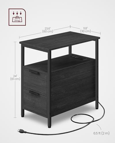 VASAGLE Side End Table with Charging Station, Slim Nightstand with Storage