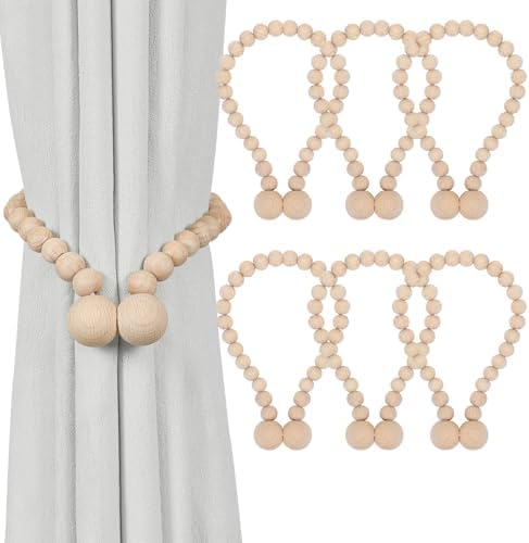KLOGTSIND Magnetic Curtain Tiebacks, 6 Pack Wood Bead Curtain Holdbacks