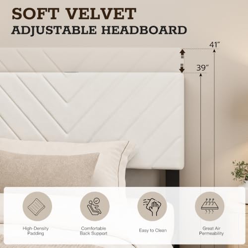 Twin Bed Frame with Adjustable Headboard, White Velvet Upholstered