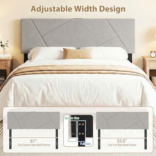 Giantex Headboard with Charging Station, Queen/Full Size Geometric Tufted Upholstered Head Board w/2 AC Outlets, USB & Type-C Ports, Rubber Wood Legs, Width Adjustable Modern Bed Headboard Only (Grey)