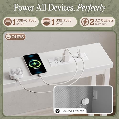 Huuger 110.2 Inch Behind Couch Table with 2 Power Outlets and USB-C Ports, Extra Long Narrow Sofa Table for Sectional Sofa, Skinny Console Table with Anti-Bump Pads, for Living Room, White