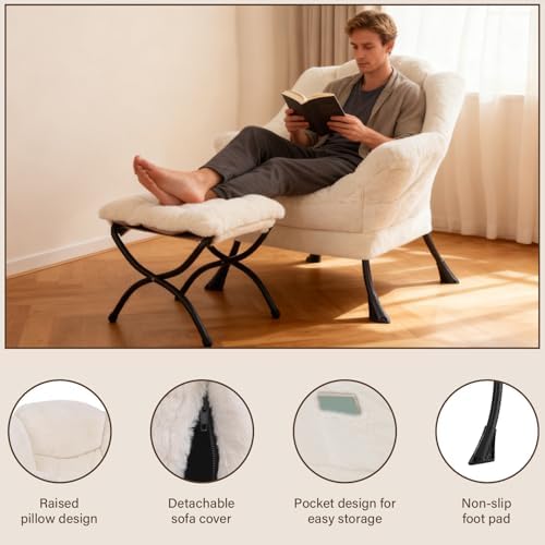 Welnow Lazy Chair with Ottoman, Reading Chair with Footrest, Cream